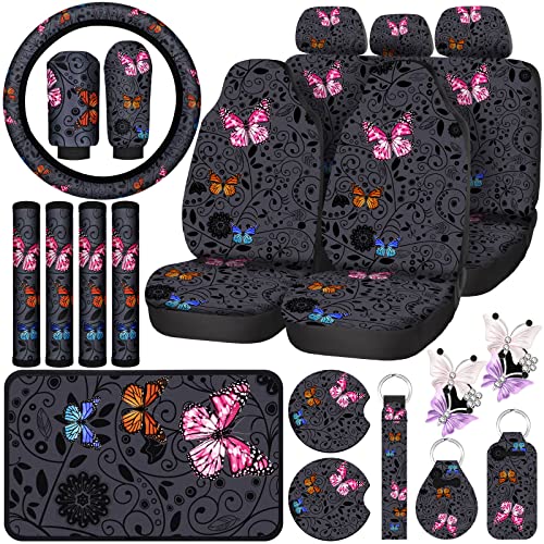 22 Pcs Butterfly Car Seat Covers for Women Butterfly Car Accessories Steering Wheel Cover Cute Butterfly Car Air Vent Clip Car Center Console Pad Cup Holder Seat Belt Pads Keychain for Most Car