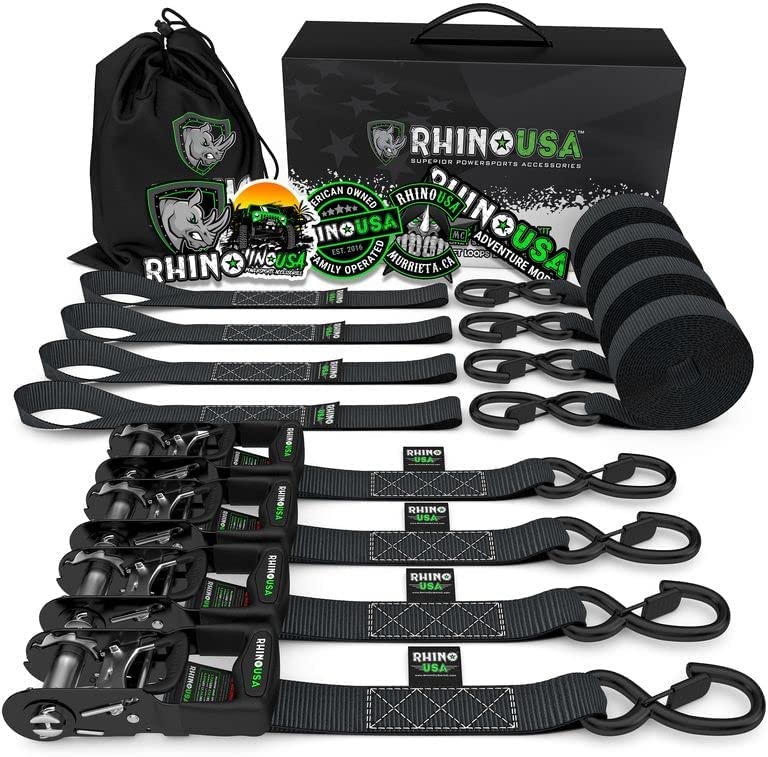 RHINO USA Ratchet Straps Tie Down Kit, 5,208 Break Strength - (4) Heavy Duty Rachet Tiedowns with Padded Handles & Coated Chromoly S Hooks + (4) Soft Loop Tie-Downs