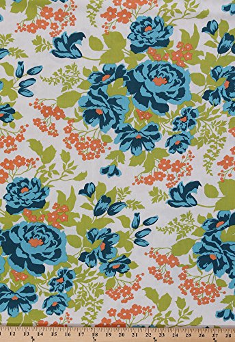 Joel Dewberry Flora Rose Bouquet Roses Blue Green Flowers Flower Floral Rayon Fabric by The Yard (RAJD005.8CARR)