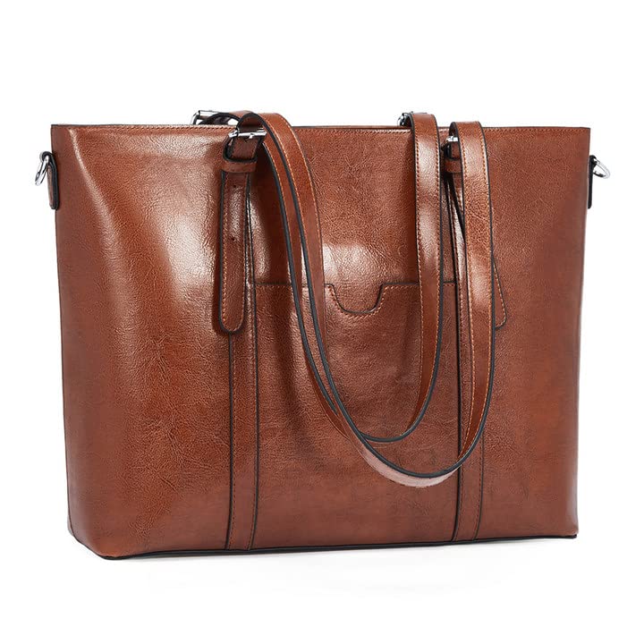 BROMEN Women Briefcase 15.6 inch Laptop Tote Bag Vintage Leather Handbags Shoulder Work Purses Oil Wax Brown