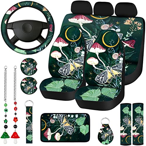 Riakrum 17 Pcs Forest Mushroom Car Seat Covers Full Set Rear Front Seat Protector Rear View Mirror Mushroom Car Hanging Ornament Steering Wheel Cover Seat Belt (Butterflies and Mushrooms)
