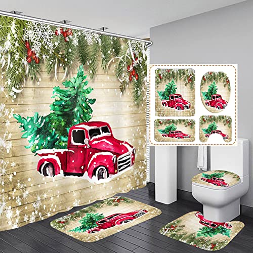 Christmas Shower Curtains for Bathroom Vintage Red Truck Shower Curtain Xmas Tree Farmhouse Christmas Waterproof Shower Curtain Sets Bathroom Set with Toilet Lid Cover