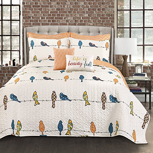 Lush Decor Rowley Birds Quilt Set, 7 Piece Set, Full/ Queen, Multi - Reversible Bird Bedding Set With Pillow Cases & Throw Pillows - Colorful, Whimsical, & Playful Floral Bird Print