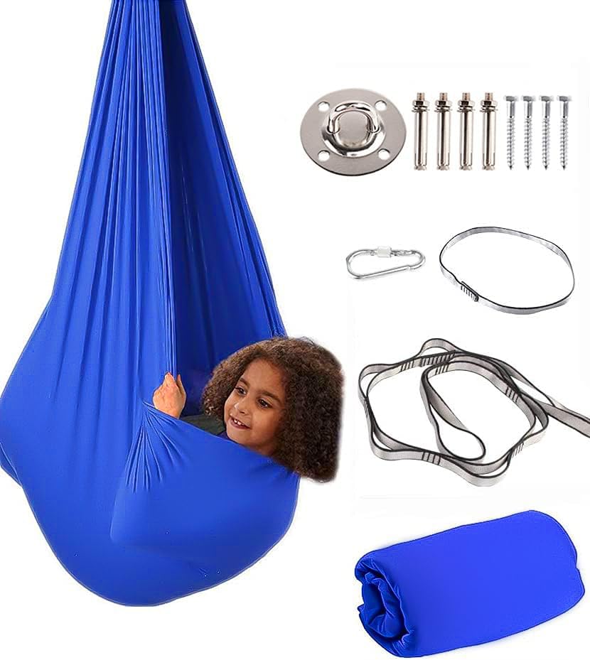 Aokitec Therapy Swing for Kids with Special Needs (Hardware Included) Snuggle Swing Cuddle Hammock Indoor Adjustable Aerial Yoga for Children with Autism, ADHD, Asperger, Sensory Integration(Blue)