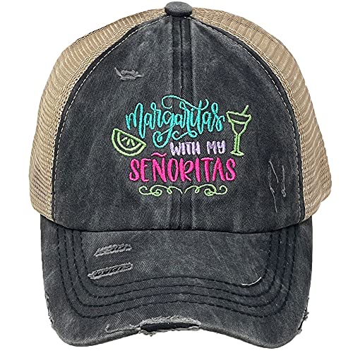 Funky Junque Criss Cross Hat Womens Baseball Cap Distressed Ponytail Messy Bun Trucker Ponycap (Margaritas with My Senoritas - Black w/Beige Back)
