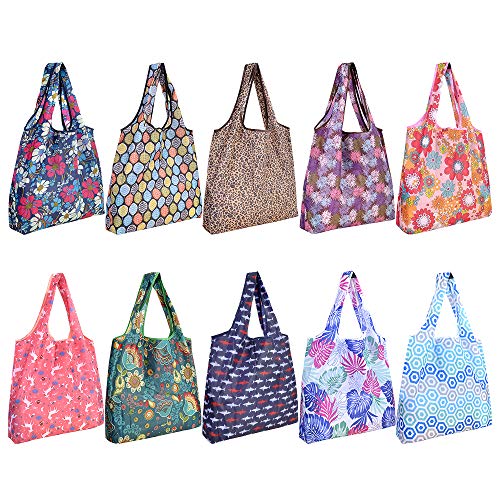 SZUAH 10 Pack Reusable Grocery Shopping Bags, Foldable Shopping Bags Grocery Tote with Attached Pouch,Machine Washable Eco-Friendly.
