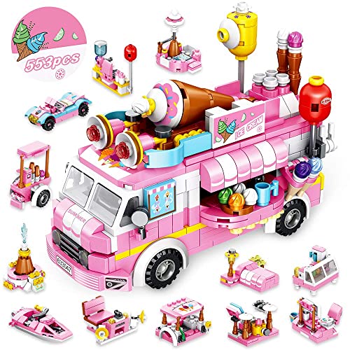 Vatos Girls Building Blocks Toys - 553 Pieces Ice Cream Truck Set Toys for Girls 25 Models Pink Building Bricks Toys STEM Toys Valentines Day Gifts for Kids Girls Age 6-12 and Up