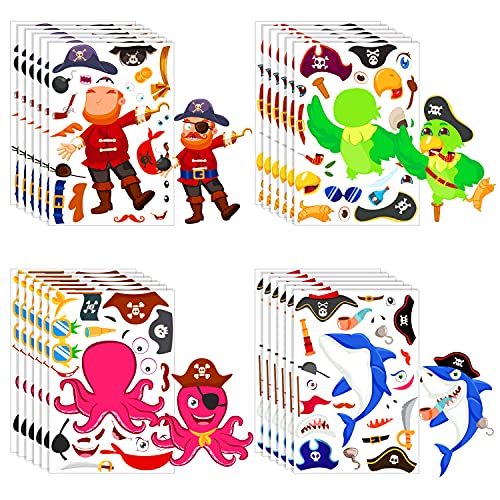 Konsait 24 Sheets Pirate Make Your Own Stickers Decorative for Kids Pirate Theme Sticker Mix and Match Shark Sticker Parrot Jake Captain Birthday Party Favors Crafts Supplies