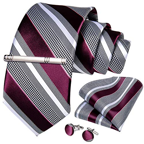 DiBanGu Formal Grey and Burgundy Stripe Necktie Pocket Square Silver Tie Clip Cufflink Set for Men