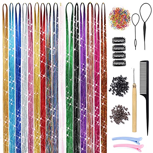 16 Colors Hair Tinsel Kit with Tools 3200 Strands Glitter Tinsel Hair Extensions Heat Resistant Sparkling Shiny Fairy Hair Accessories for Women Girl Kids 47Inch