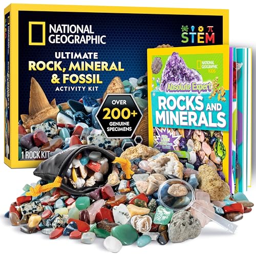 NATIONAL GEOGRAPHIC Rock Collection Box for Kids – 200 Piece Rock Set with Real Fossils, Gemstones, and Crystals- Includes Absolute Expert: Rocks & Minerals Full-Color Book (Amazon Exclusive)