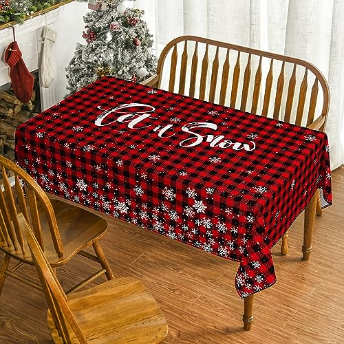 Horaldaily Christmas Tablecloth 60×84 Inch, Let It Snow Red Buffalo Plaid Washable Table Cover for Party Picnic Dinner Decor