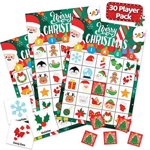 Christmas Bingo Game for Kids, Adults and Large Groups - 30 Players - Xmas Winter Holiday Bingo Cards Indoor Home Activities - Christmas Games for Families & Kids Party Supplies Holiday Gatherings