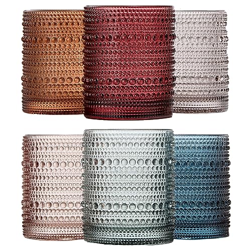 Khen Beaded Tumbler Drinking Glasses Set | Set of 6 | Vintage Hobnail 11 OZ Muted Bubble Design Whiskey Glassware, Old-Fashioned, Embossed Design Glass for Water, Wine, Cocktail HAND WASH ONLY