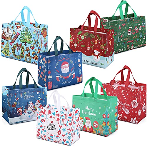 PARSUP 8PCS Christmas Gift Bags,Christmas Tote Bags with Handles, Christmas Treat Bags, Multifunctional Non-Woven Christmas Bags for Gifts Wrapping Shopping, Xmas Party Supplies, 12.8'×9.8'×6.7'