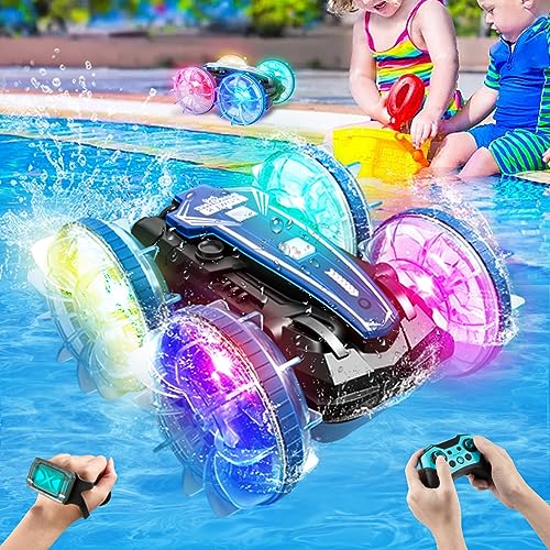 Amphibious Remote Control Cars Boat, 2.4GHz Gesture 360°Rotating 4WD RC Car toys for boys girls, Light up Pool Water Beach Toys RC Drift Car for Age 4 5 6 7 8-12 Kids Waterproof, Birthdays Gifts Ideal