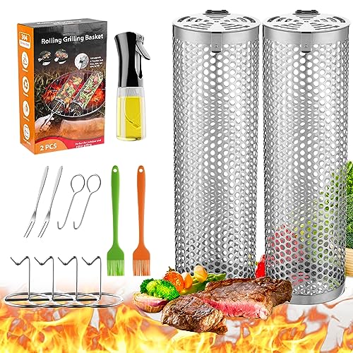 Grill Basket - Outdoor Rolling BBQ Basket - 2 Pcs Stainless Steel Grill Mesh, Rolling Grill Baskets for Outdoor Grill, Portable Grill Nets Cylinder - Camping Picnic Cookware for Meat Barbecue