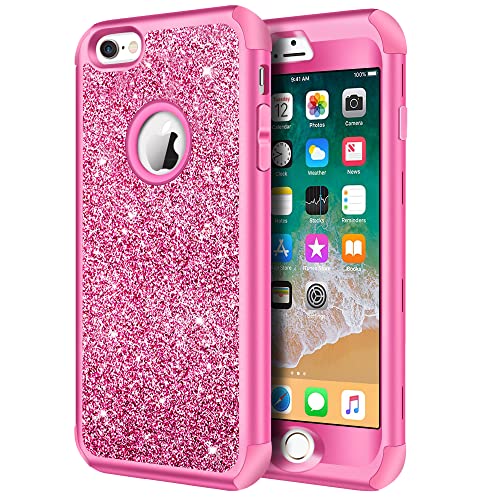 Hython Compatible with iPhone 6/6s Case, Heavy Duty Full-Body Defender Protective Case Bling Glitter Sparkle Hard Shell Hybrid Shockproof Rubber Bumper Cover for iPhone 6 and 6s 4.7-Inch, Rose Red