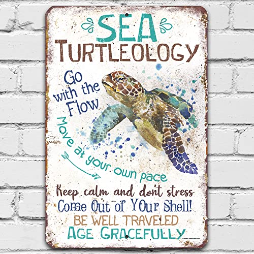 Sea Turtle Decor - Sea Turtleology - Durable Sea Turtle Gifts Metal Sign - Metal Sea Turtle Wall Decor - Sea Turtles Ocean Bathroom Decor - Great SeaTurtle Decorations for Home - Turtle Sign 8' x 12'