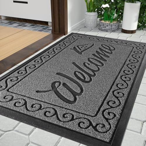 Yimobra Welcome Mat, Heavy Duty Durable Door Mats for Home Entrance Outdoor Indoor, Front Doormat for Outside Patio Floor Entry Porch Garage Office, Waterproof, Low Profile, 29.5 x 17, Black Grey
