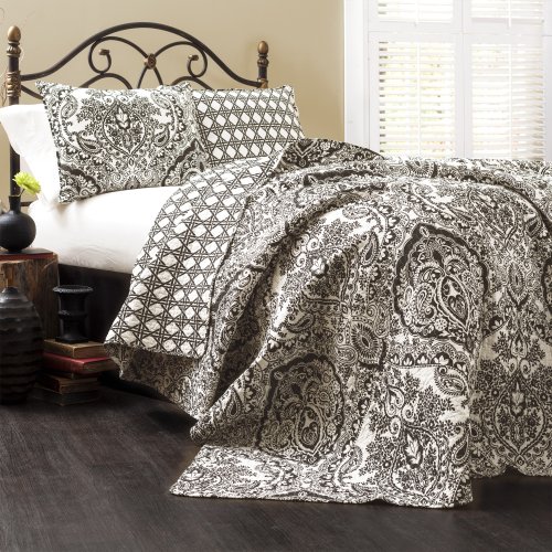 Lush Decor Aubree Quilt Paisley Damask Print Pattern Reversible 3 Piece Lightweight Bedding Blanket Bedspread Set, Full/Queen, Black & White