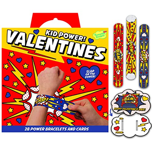 Peaceable Kingdom Valentines Cards for Kids Classroom, Set of 28 Valentines Day Gifts - Kid Power Slap Bracelets