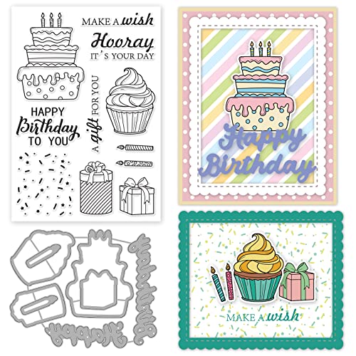 INFUNLY Happy Birthday Clear Stamps and Dies for Card Making DIY Metal Die Cuts Cake Silicone Stamp Christmas Thanksgiving Gifts for DIY Craft Scrapbooking Decor