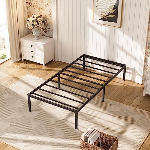 DERYONI 14 inch Twin Size Bed Frame No Box Spring Needed Heavy Duty Metal Twin Platform Bed Frame Steel Slat Support 750lbs Easy Assembly Noise Free Black Bed Frame Twin