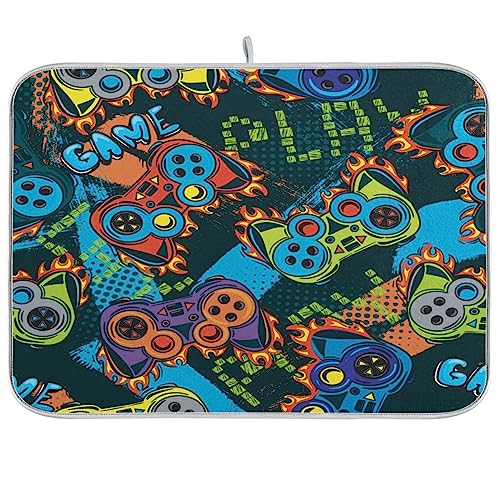 Graffiti Joystick Video Game Black Dish Drying Mat For Kitchen Counter Abstract Dish Drainer Rack Mats Microfiber Ultra Absorbent Reversible Dish Drying Pad for Countertop 18 x 24 in