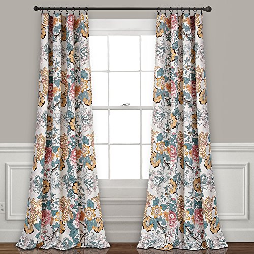 Lush Decor, Blue and Yellow Sydney Curtains | Floral Garden Room Darkening Window Set for Living, Dining, Bedroom x 52, 84' L Panel Pair