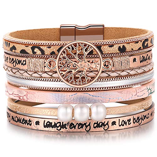 Gifts for Teenage Girls, Inspirational Leopard print rose gold leather Wrap Boho Bracelets for Women,Easter Christmas Birthday Jewelry Gifts for Teen Girls