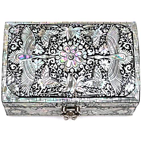 MADDesign Mother of Pearl Jewelry Trinket Box Mirror Lid Silver Black Cranes