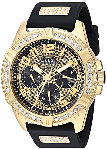 GUESS Comfortable Gold-Tone Black Stain Resistant Silicone Watch with Crystal Embellished Day, Date + 24 Hour Military/Int'l Time. Color: Black (Model: U1132G1)