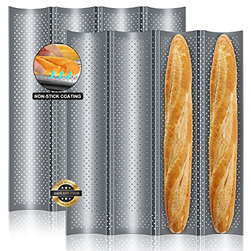 Walfos 2 Pack Nonstick Baguette Pans, No Coating Coming Off, Perforated 4 Loaves French Bread Pan, Durable Baguettes Bakery Tray for Baking Molding, 15' x 13'