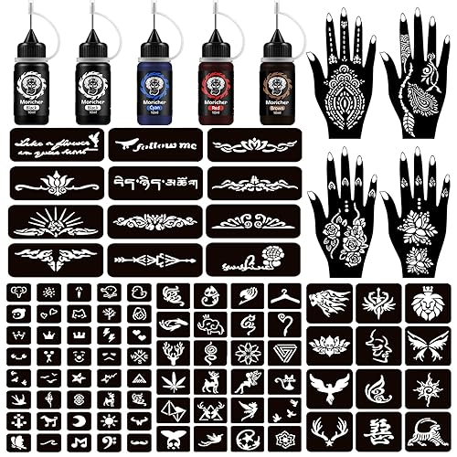 Moricher Temporary Tattoo Kits 5 Inks 102 Stencils, Henna Tattoo Kit with Mandala Stencils Semi Permanent Tattoo Markers Jagua Gel for Women Men Kids DIY Art Painting Party Gifts