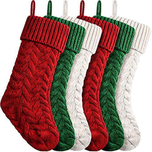 18 Inches Christmas Stockings Knit Xmas Stockings Large Fireplace Hanging Stockings for Family Christmas Decoration (Burgundy,Ivory,Green, 6)