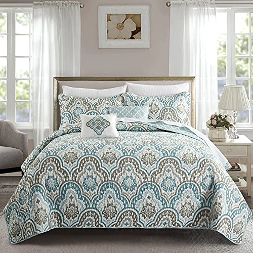 Home Soft Things Tivoli Ikat King Size 102' x 90' 5 Piece Teal Aqua Printed Prewashed Quilted Coverlet Bedspread Bed Cover Set for All Season, Lightweight Quilt Blanket with Matching Shams Pillows