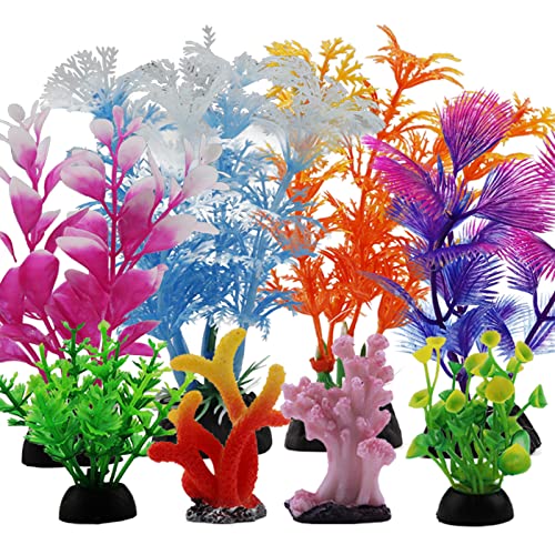 PietyPet Fish Tank Decorations Plants with Resin Coral, 8 pcs Aquarium Decorations Small Plants Plastic, Fish Tank Accessories, Aquarium Decor