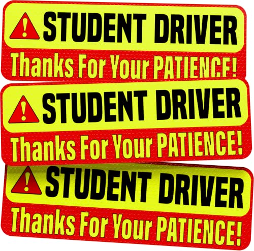 Student Driver Car Magnet Sticker Signs - EXTRA LARGE 12' by 4' - Magnetic New Driver Sign for Bumper - 3 Pack - Remind Others to Please Be Patient - Bright & Reflective Road Safety Sign for Rookies
