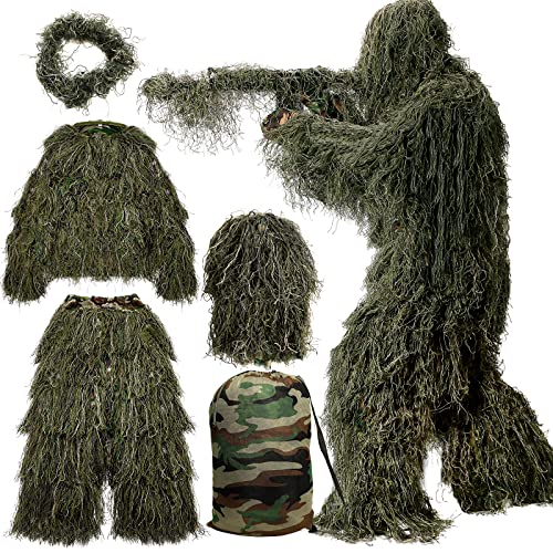 MOPHOTO 5 in 1 Ghillie Suit, 3D Camouflage Hunting Apparel Including Jacket, Pants, Hood, Carry Bag Suitable for Unisex Adults (S/M/L/XL/XXL)