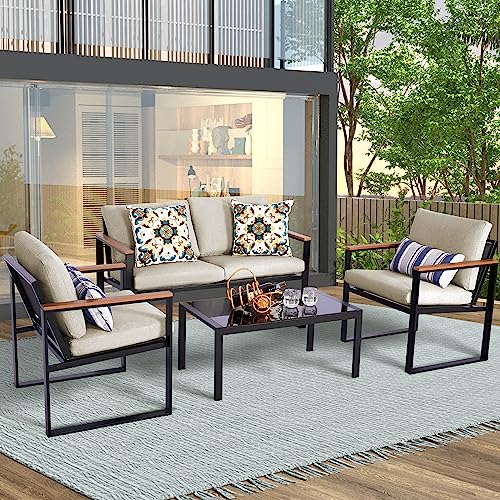 NATURAL EXPRESSIONS 4 Pieces Patio Furniture Sets,Metal Outdoor Patio Furniture Sets,Outdoor Sectional Furniture,Patio Conversation Set with Wood Handrail,Sling Mesh,Thick Texture Olefin Cushions