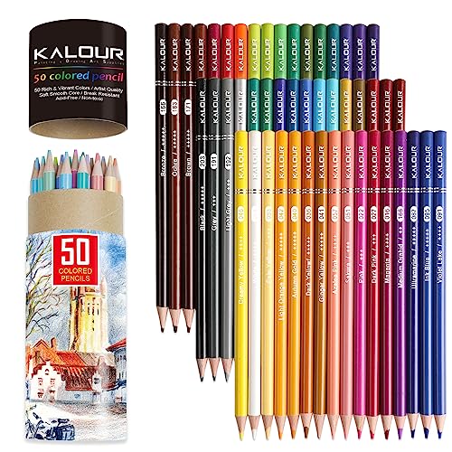 KALOUR Premium Colored Pencils,Set of 50 Colors,Artists Soft Core with Vibrant Color,Ideal for Layering Blending Shading,Color Pencils for Adults Beginners Coloring Book