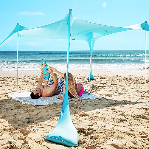 SUN NINJA Beach Tent Sun Shelter with UPF50+ Protection, Includes Sand Shovel, Ground Pegs and Stability Poles, Outdoor Pop Up Beach Shade Canopy for Camping, Fishing, Backyard Fun or Picnics