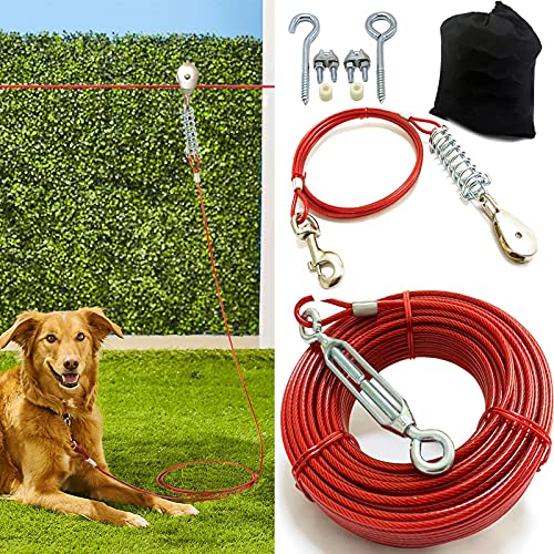 Heavy Duty Aerial Dog Tie Out Trolley System for Small to Large Dogs - 100ft Dog Run Cable Dog Zipline with 10ft Runner Cable Great for Yard Camping Outdoor (Red, 100 ft for one Dog up to 125 lbs)