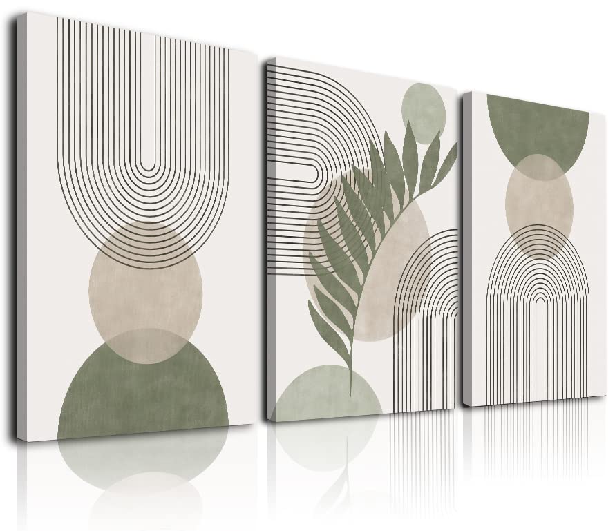 Sage Green Boho Wall Art Set of 3, Minimalist Framed Wall Art Geometric Line Leaf Sun Moon Beige Green Canvas Artwork Paintings, Abstract Botanical Boho Room Decor, Sage Green Wall Posters & Prints for Living Room, Bedroom, Bathroom, Office, 12'x16'