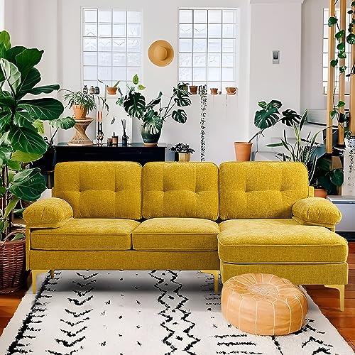 82' Sectional Couch w/Chaise Sleeper, Chenille Small L Shape Sofa Couch, Sofa with Chaise Mid-Modern Century Couch with Removable and Washable Cushions (Yellow)