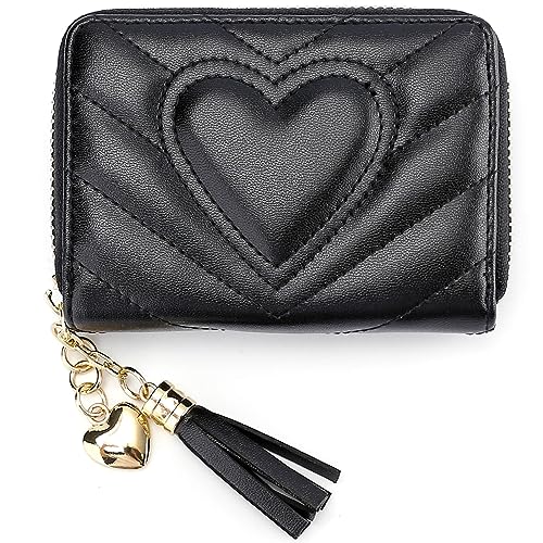 AUNER LEATHER Quilted Leather Small Wallet for Women, RFID Blocking Credit Card Holder Wallet, Black