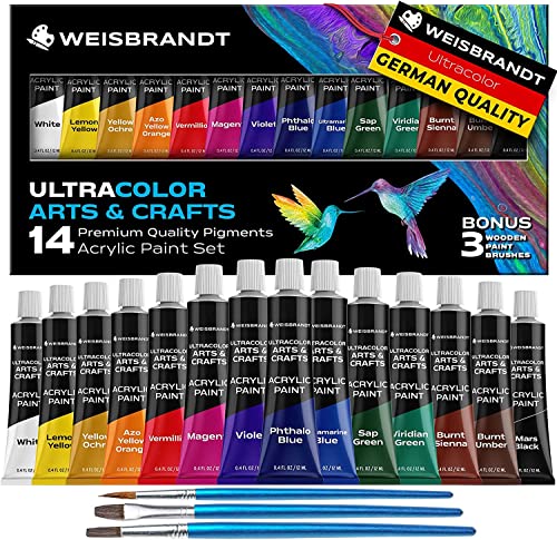 WEISBRANDT Ultra Color Arts & Crafts Acrylic Paints, 14 Colors, Premium Quality Pigments, Matte Finish, 0.4oz/12 ml, Water-Based Acrylic Paint Set, for all Porous Surfaces