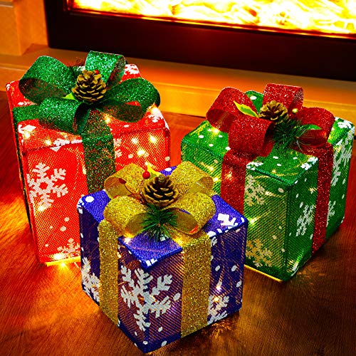 ATDAWN Set of 3 Lighted Gift Boxes Christmas Decorations, Snowflake Present Boxes, Christmas Home Gift Box Decorations