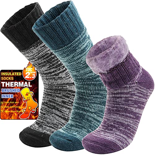 Welwoos Heated Thermal Socks for Women & Men Winter Warm Ski Thick Boot Insulated Gift Socks Stocking Stuffers for Women 3 Pairs (Purple & Blue & Grey B,M)